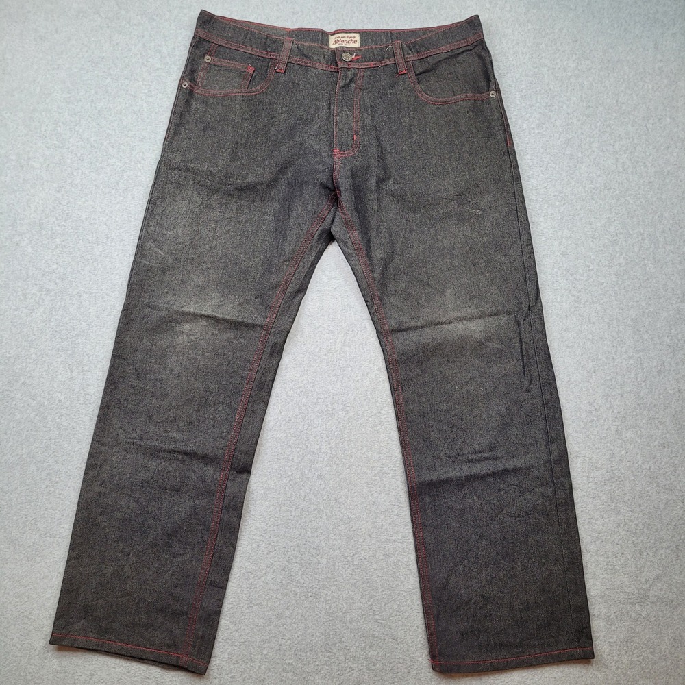 Ablanche Jeans Mens 36x32 Black Red Contrast Stitch Y2K Baggy Hip Hop Denim